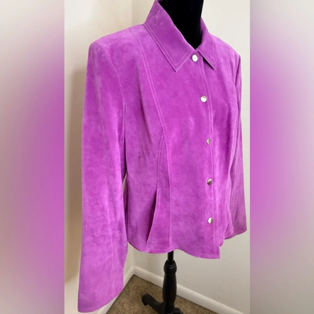 Vintage Anne Klein pink purple suede moto jacket snap close collar pockets 14 EC - Picture 5 of 10